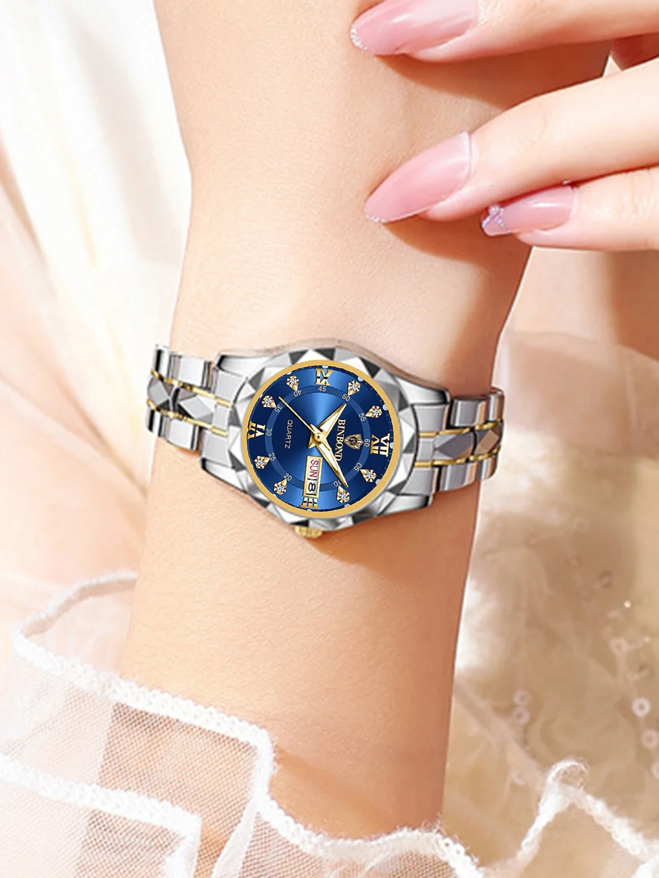 2pcs/Set BINBOND Couple Quartz Watches 30M Waterproof Fashion Diamond Valentine Day Gift Stainless Steel Watch Men Women Watch