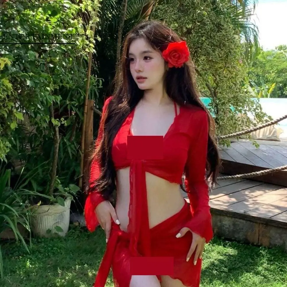 

Pure Red Color Four Piece Bikini Set White Color Solid Color Long Sleeved Swimsuit Cover Up Skirt Lace Up Design Push Up Bikini