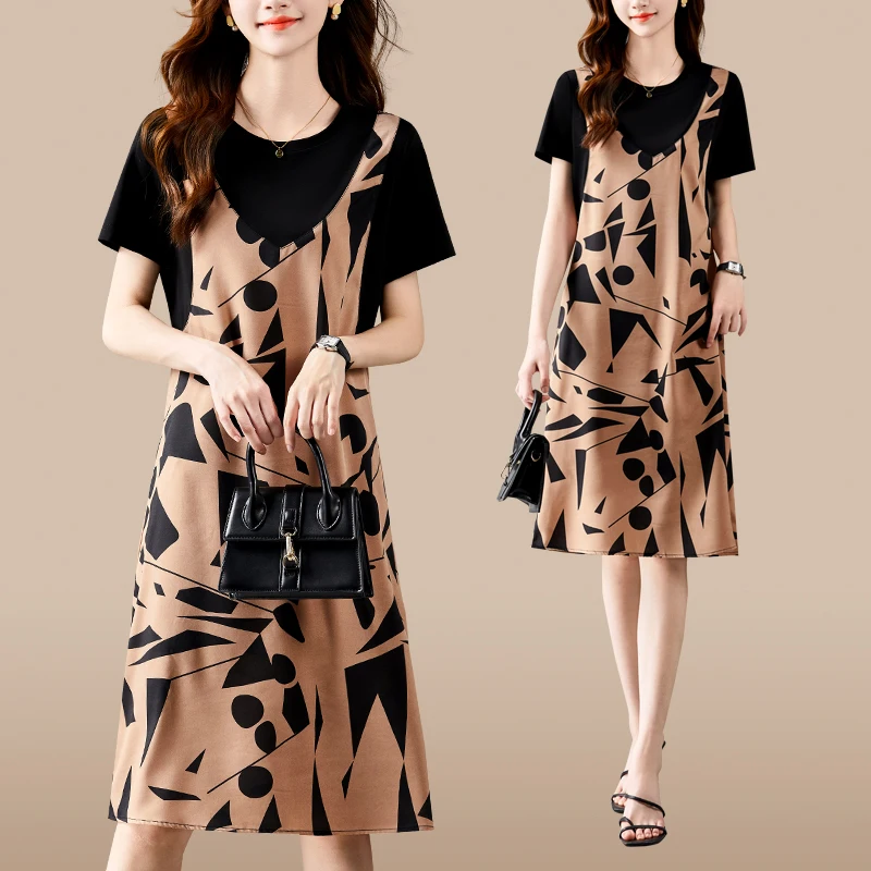 

Faionable Printed T-irt Dr Women's Long Summer New Sle Slimming Belly Covering Fake Two-Piece Dr Ele Casual