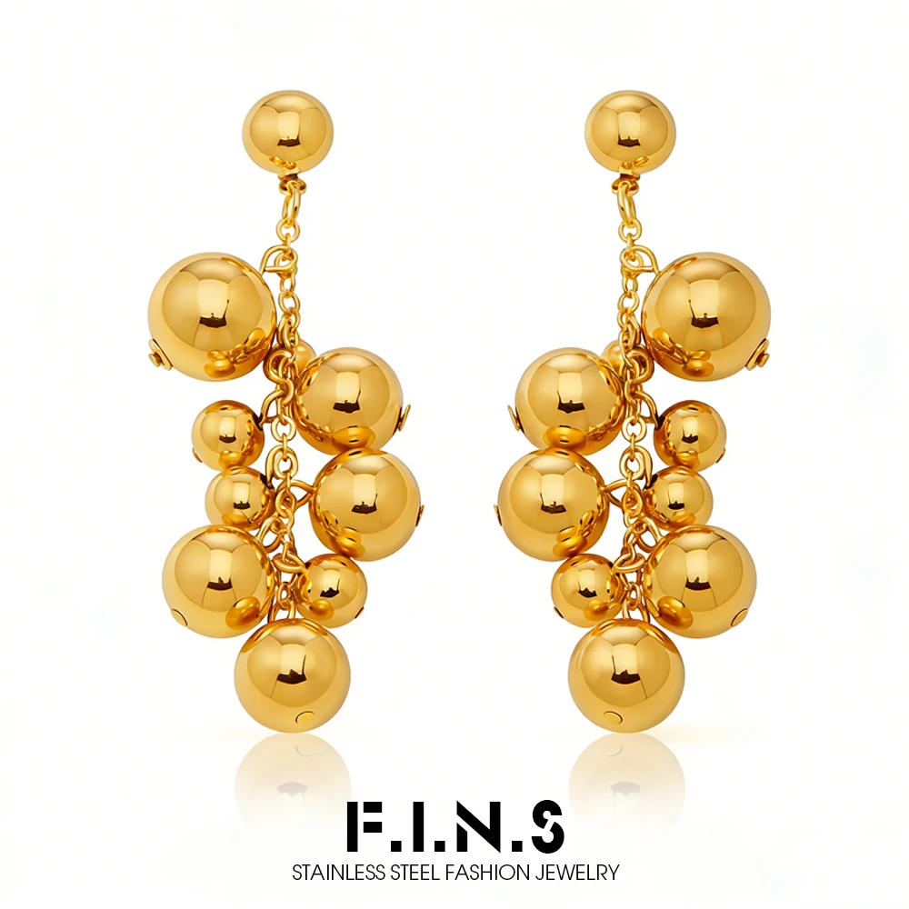 Pendientes colgantes de acero inoxidable con forma de uva F.I.N.S para mujer, bolas huecas con cuentas, colgante de burbuja chapado en oro de 18 quilates, joyas para las orejas
