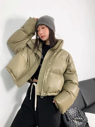 Puffer Parkas casuais à prova de vento para mulheres, casacos PU, colarinho em pé, jaquetas de pato, algodão grosso, streetwear com zíper, casacos femininos