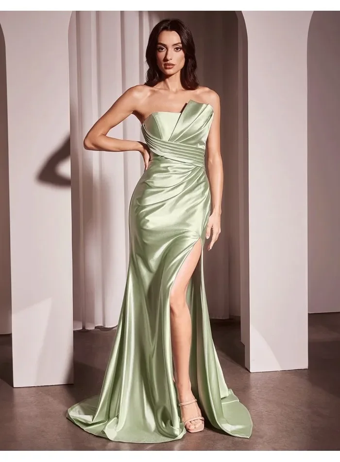 

Customized Elegant Evening Dresses Side Slit Shiny Prom Gowns vestido vintage Strapless Satin robe de soiree 2025 luxury