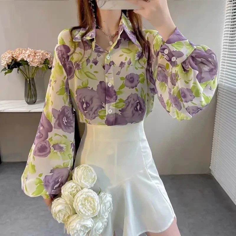

Women's Loose Lantern Sve Chiffon irt Base Layer Top Unique Small Size Large Size Autumn Faion Floral Print Button up