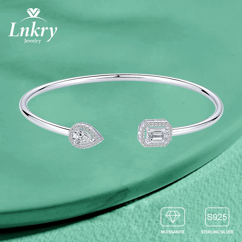 

Lnkry Brilliant Pear Emerald Cut Moissanite Cuff Bracelet 925 Certified Original Silver Opening Bangle For Women Hand Jewelry