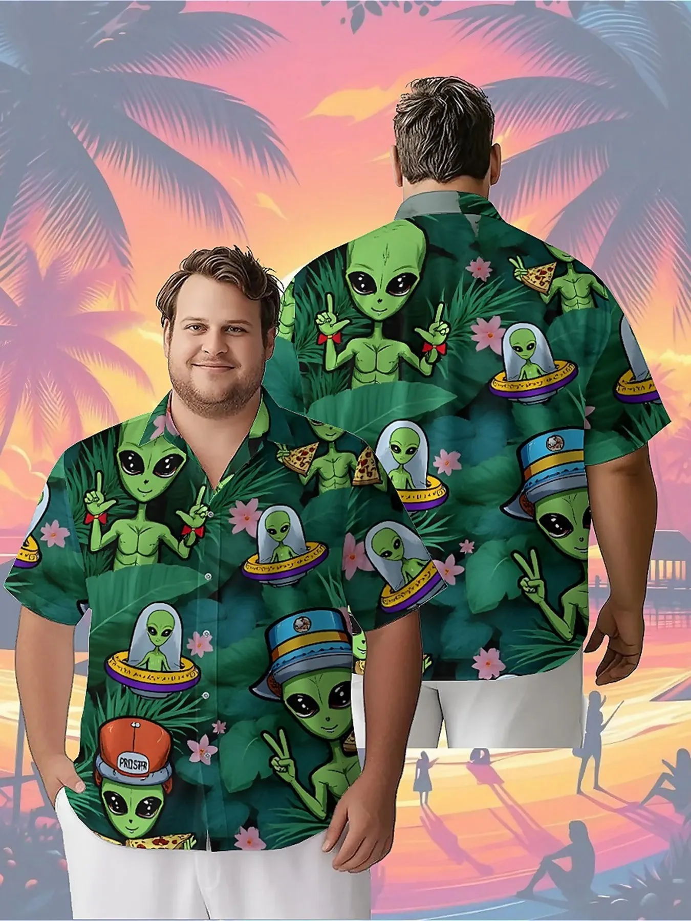 

Men's Plus Size Hawaiian Shirts Alien Pattern,Unisex Baggy Aloha Shirts,summer Alternative Clothing