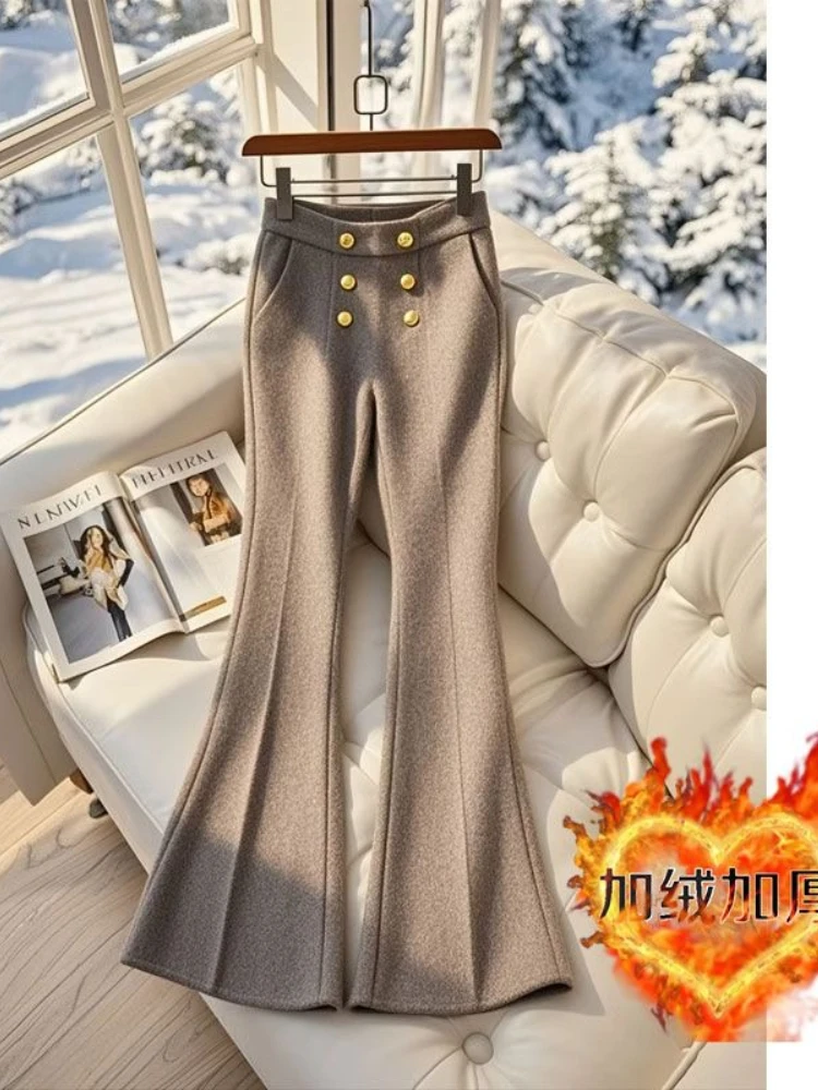 

Осенне-зимние утягивающие брюки с высокой талией, расклешенные брюки, женские утолщенные шерстяные брюки с украшением на пуговицах осьего цвета