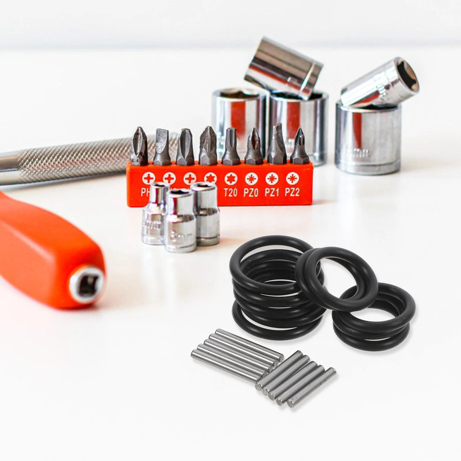 Zestaw 10 pierścieni ustalających do kluczy udarowych, zestaw kołków ustalających, czarne gumowe uszczelki, zestaw pierścieni uszczelniających do wymiany.