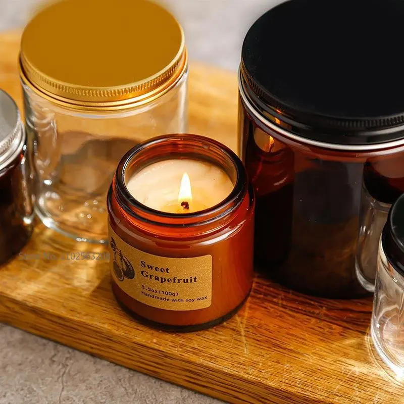 100/200ml Creative Brown  Diy Candle Empty Cups With Lids  Glass Jars Bottle Handmade  Dessert Scented Candles Glass Empty Jars