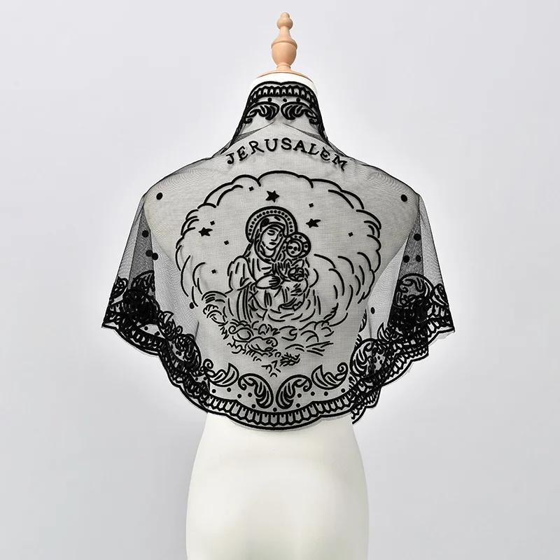 Nueva bufanda de encaje con bordado católico, chal para mujer, diseño de la Virgen María, bufandas de oración para Iglesia, bufanda que cubre la cabeza, chal para misa, velos