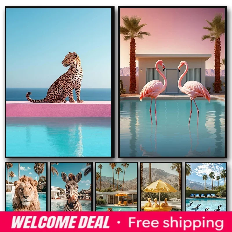 Póster Decorativo 2026 con Diseño de Leopardo, Pingüinos, Cebra, Flamenco, León y Cerdo en la Piscina, Impresión Artística para Pared, Pintura de Diamantes para Decoración del Hogar