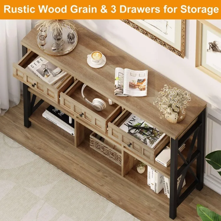 خزانة كتب ريفية مكونة من 6 مكعبات للمنزل والمطبخ مع 3 أدراج، ورف كتب أفقي طويل مع مساحة تخزين، ورف منظم منخفض الحجم