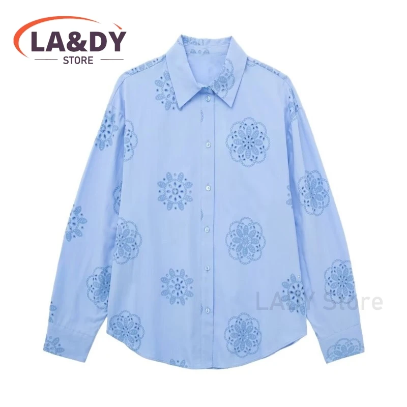 Shirt Women 2024 Spring Fashion Loose Embroidery Poplin Button Female Casual Long Sleeve Blouses Tops