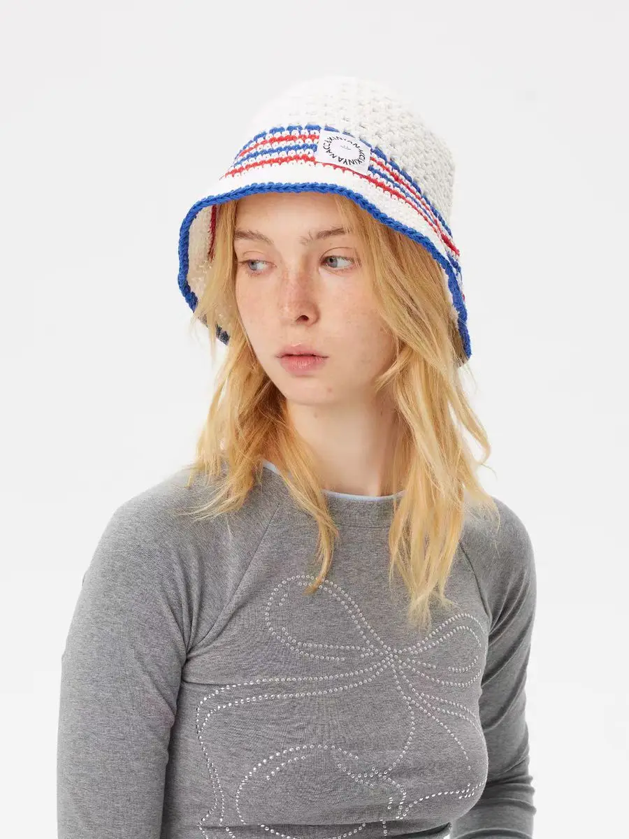 

Korean Version Contrasting Striped Knitted Fisherman Hat Versatile Hollow Breathable Hand Woven Yarn Hat