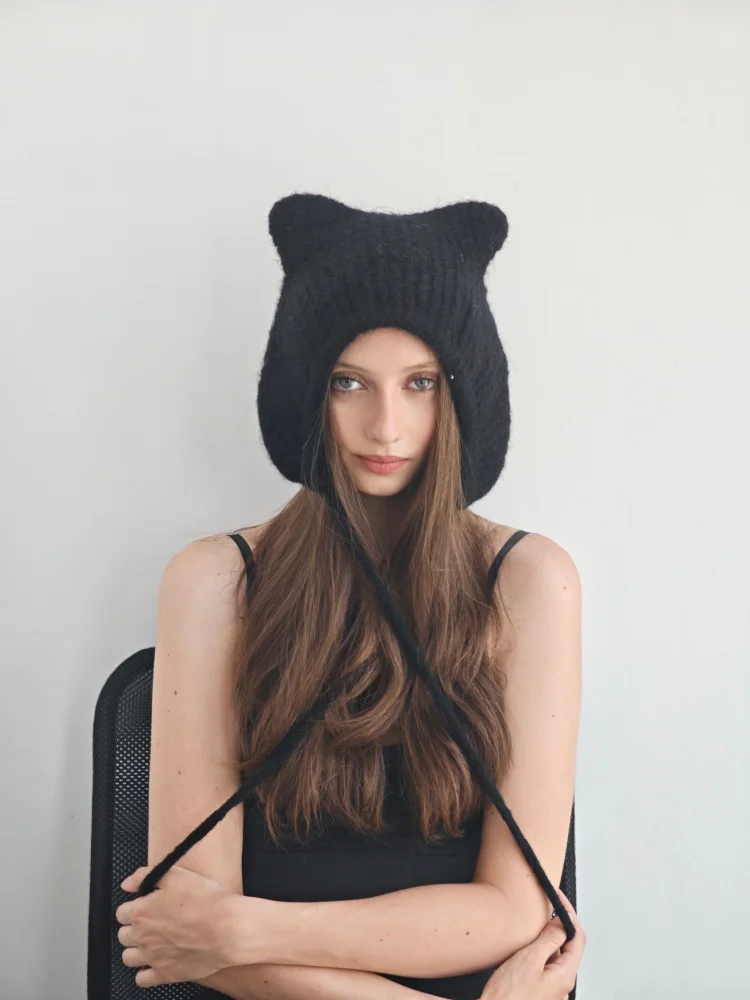 

Симпатичная вязаная шапка с кошачьими ушками и шнурком, шапочка-монстр, роговая шапка для женщин - модная зимняя теплая шапка, мягкая шерстяная шапка-черная