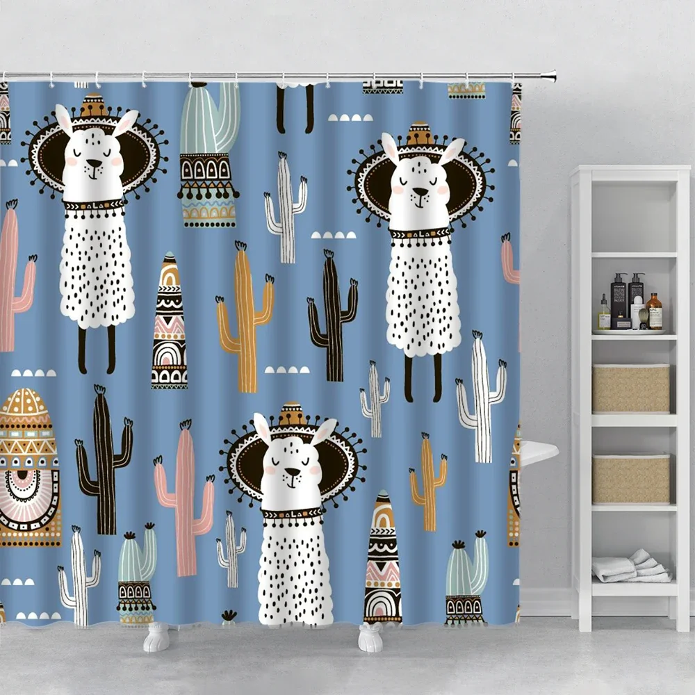 Cute Cartoon Alpaca Cactus Shower Curtains Llama Tropical Plants Funny Boys Girl Fabric Bathroom Bath Curtain Set Bathtub Decor