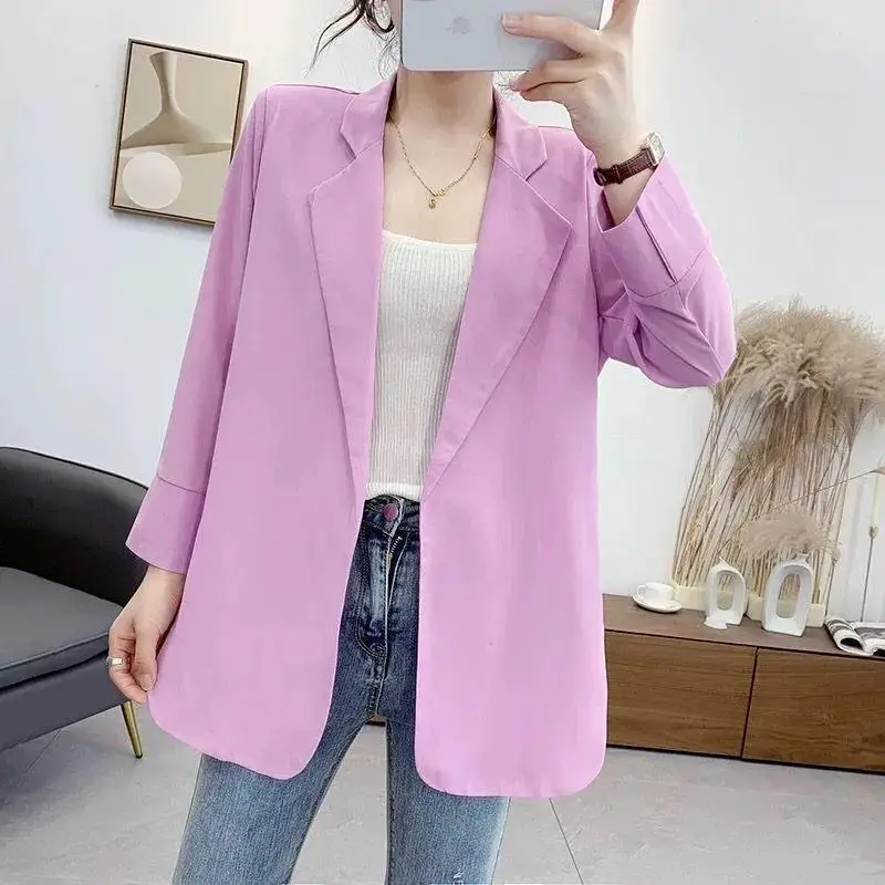 Solid Color Notched Korean Formal Office Lady Fashion Casual Blazers Spring Summer Thin Women\'s Clothing 2023 Tops Dignified