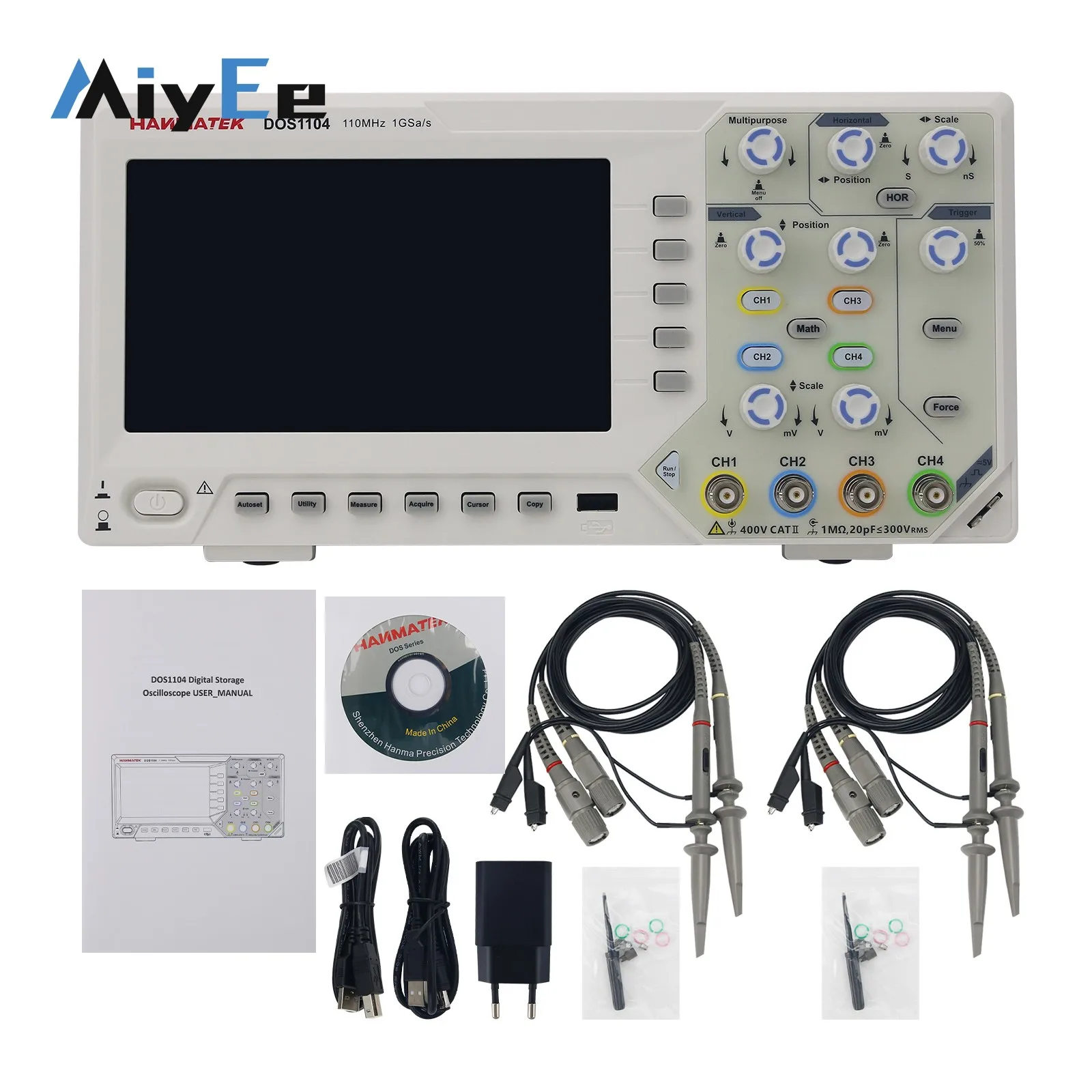 HANMATEK DOS1104 Standard Set Digital Oscilloscope, 110MHz 4-Channel 1GS/s Sampling Rate with 7-inch TFT Screen