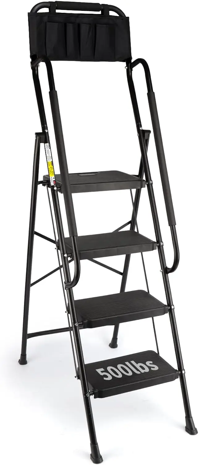 

4 Step Ladder with Handrails 500 Lbs Capacity,Folding Step Stool Ladder with Attachable Tool Bag Lightweight & Storage Step Ladd