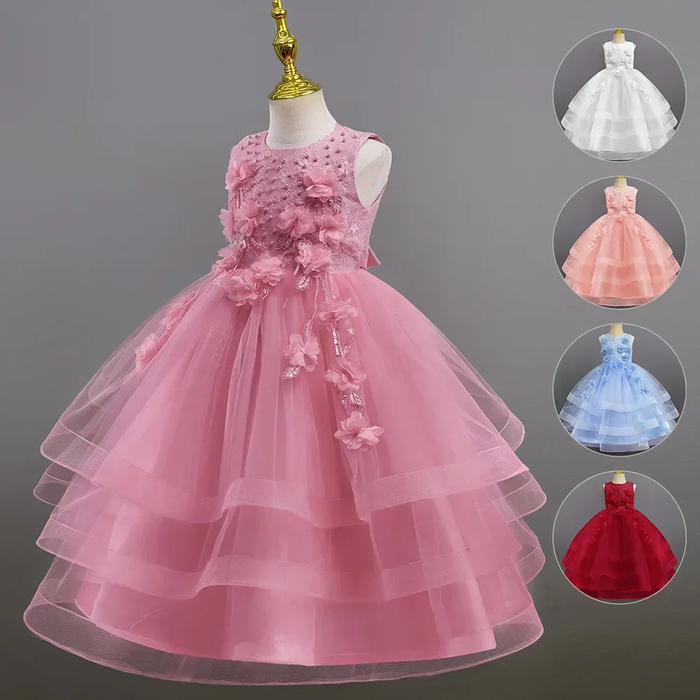 Vestito per bambini, vestito da principessa, nuovo abbigliamento per bambini transfrontaliero, gonna a sbuffo in rete per bambini a fiori, pianoforte da ragazza che ospita