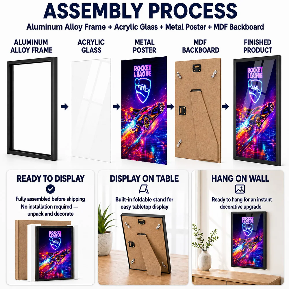 Rocket League Game Framed Metal Poster Personalized Photo Cyberpunk Graphic Style Wall Art For Teen Bedroom Esports Fan Gift