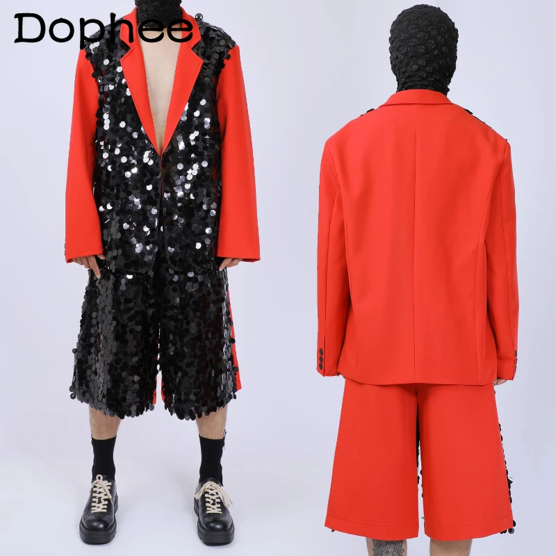 Men's 2025 Autumn New Suit Jackets Cropped Pants Fashion Sets High-End Light Luxury Sequin Design 2pcs Sparkling Two-Piece Sets