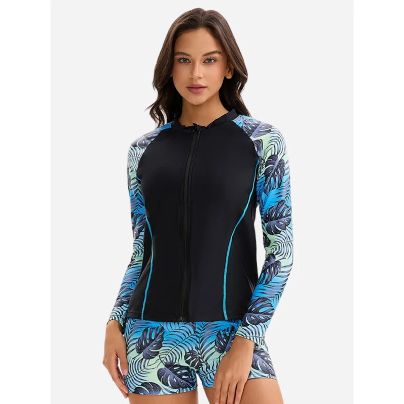 

3pcs Floral Print Women Rash Guard Swimsuit Long Sleeve UPF 50+ Bathing Suit Boyleg High Waist Sport Swimwear