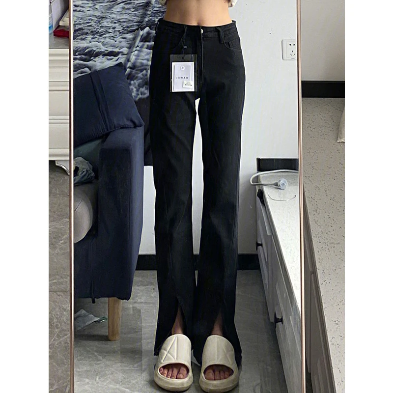 กางเกงยีนส์ทรงตรงเอวสูงสำหรับผู้หญิง ฤดูใบไม้ผลิ ทรงสลิม ชิค กางเกงขายาวแฟชั่น ไซส์พลัส