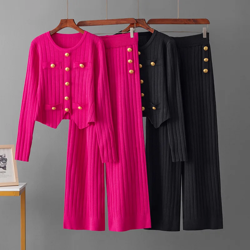 Outono e inverno novo temperamento de viagem duas peças malhas femininas moda magro topo versátil calças retas