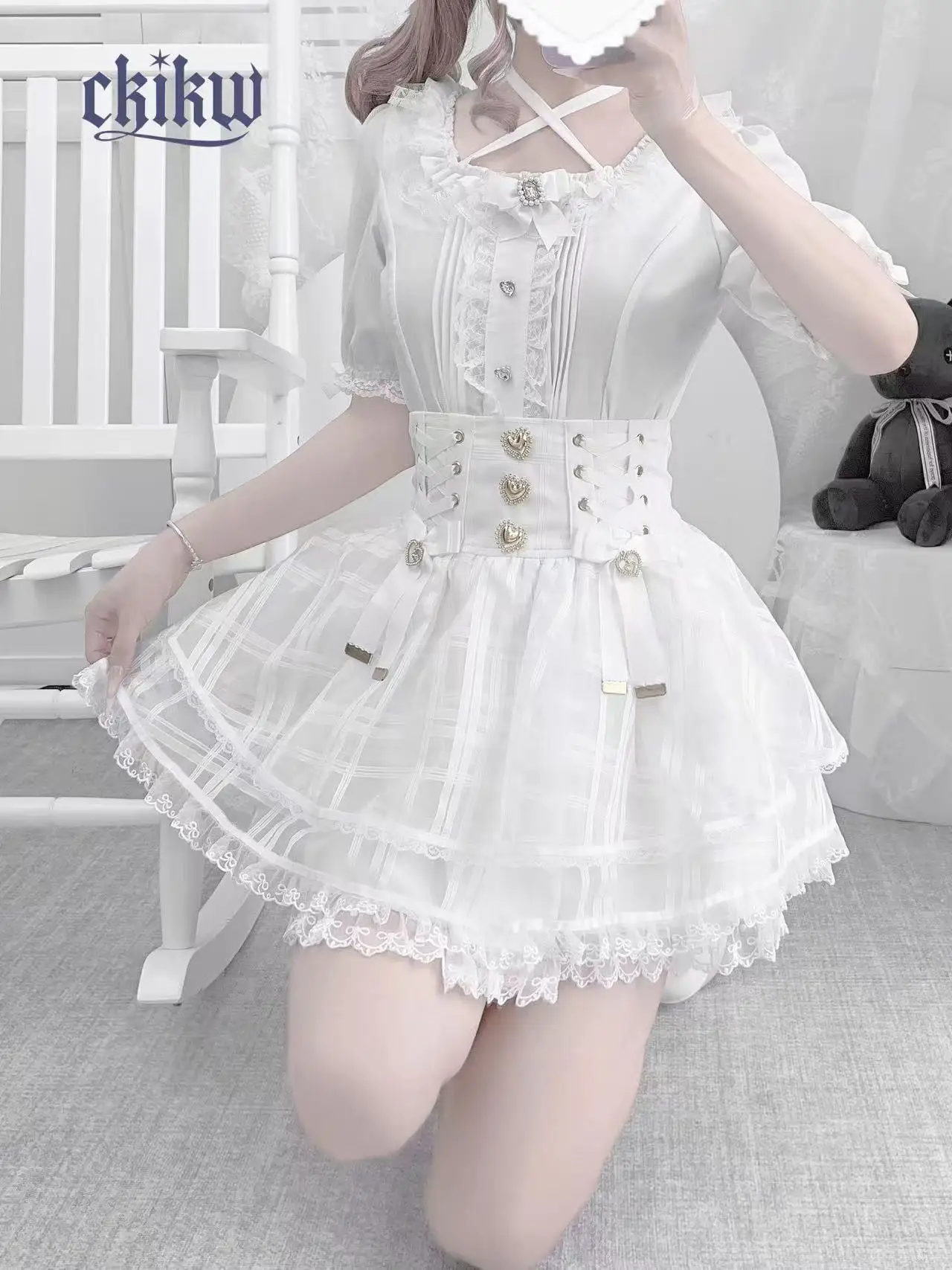 Mine Mass-Produced Cross-Strap Lace Halter Square Collar Shirt Japan Style Girl Subculture Short-Sleeve Top High-Waisted Skirt