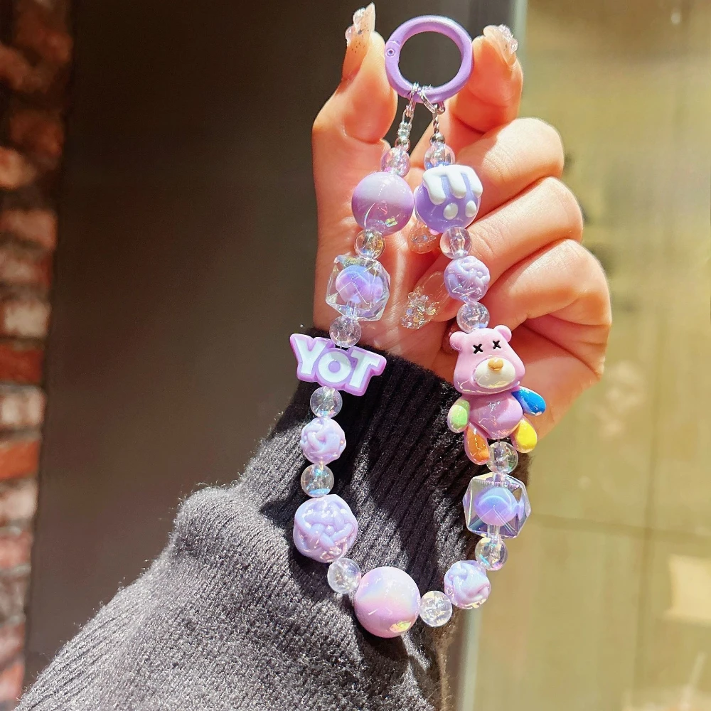 Creative Bear Animation Mobile Phone Chain, Kawaii Handmade Beaded Bag Pendant, Doll Beaded Keychain, Exquisite Gifts