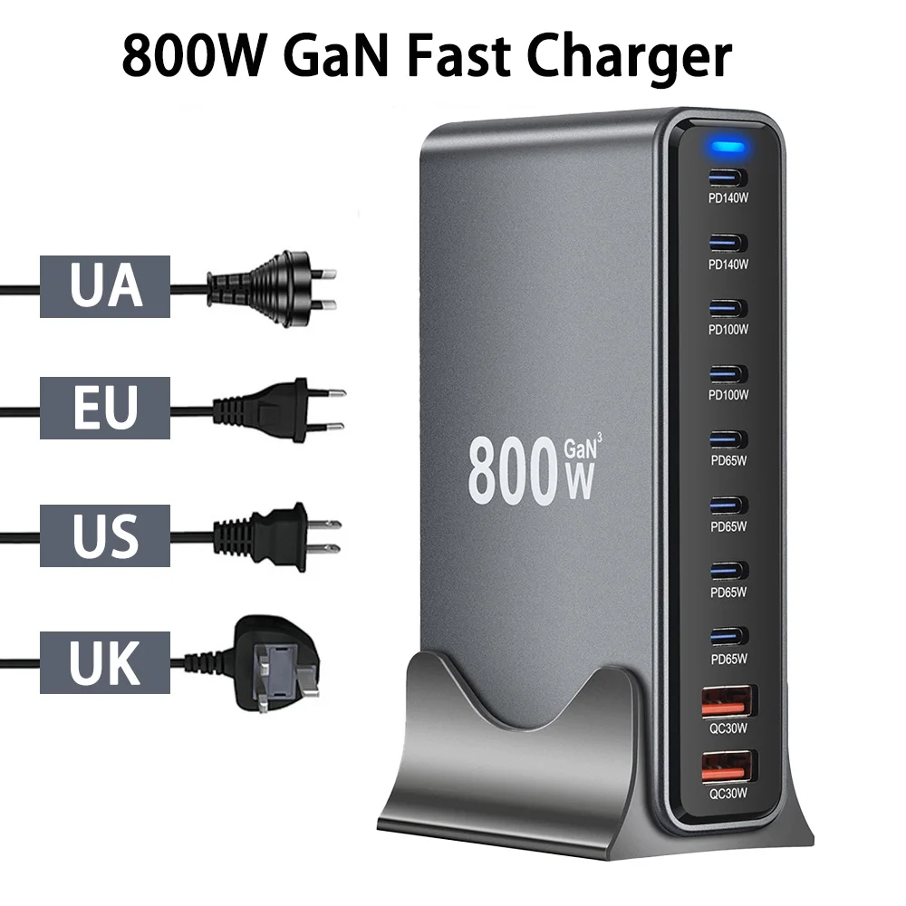 800W GaN PD3.1 PPS USB C Fast Charger 10 Ports Type C Quick Charging Station Adapters  For iphone Samsung Huawei Xiaomi Oneplus