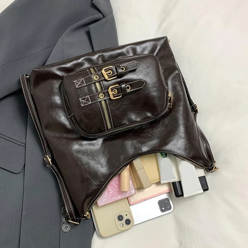 

E8FB Elegant Slouchy Purse for Women Fashionable Backpack Daily Handbag PU Leather Shoulder Bag with Multiple Compartments