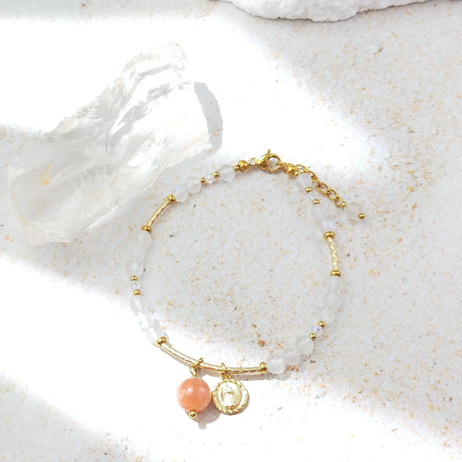 

Lii Ji натуральный лунный камень 4 мм 14 К позолоченный браслет из нержавеющей стали с подвесками ручной работы модные украшения