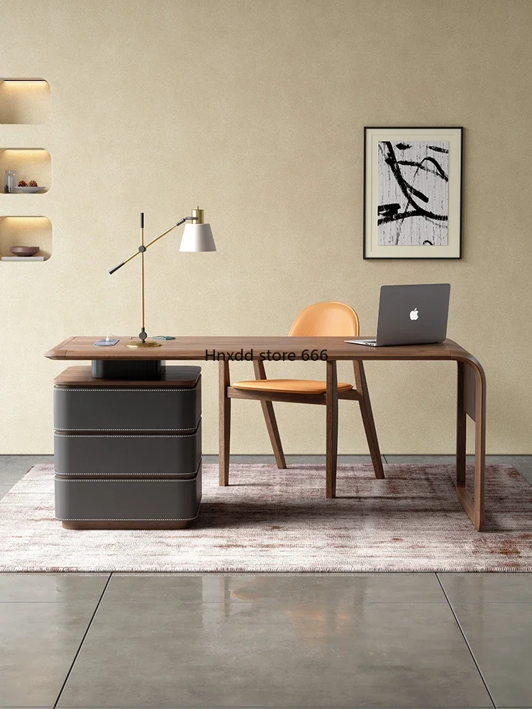 Home Desk Premium Walnut Saddle Leather Computer Writing Desk