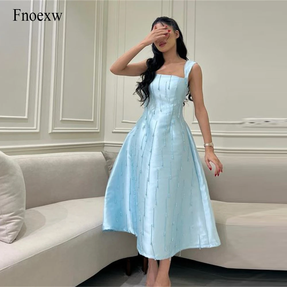 

Fnoexw Sky Blue A-line Satin Evening Dresses Charming Straps Beadings Tea Length Vestidos Elegantes Feminino Dubai Prom Dresses