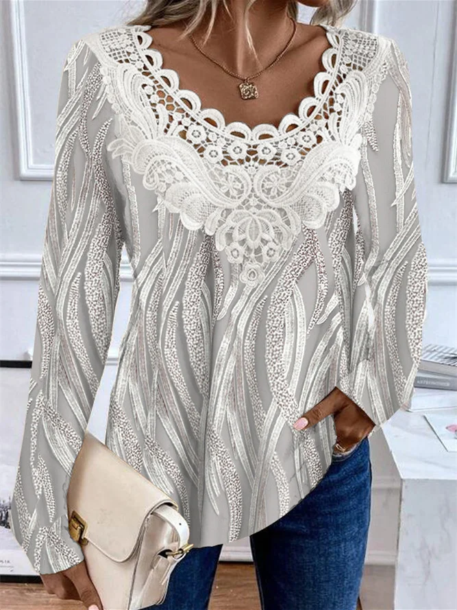 Plus Size Women's Long Sleeve Scoop Neck Graphic Printed Lace Stitching Top