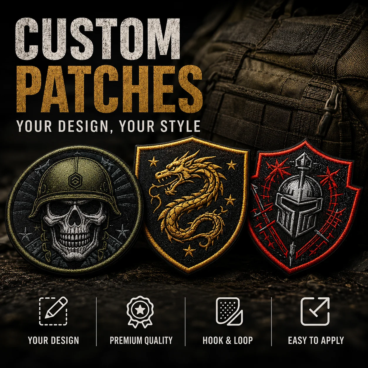 Custom Tactical Embroidered Patches Personalized Logo Name Hook and Loop Badge for Vest Backpack Jacket Outdoor Team Gear