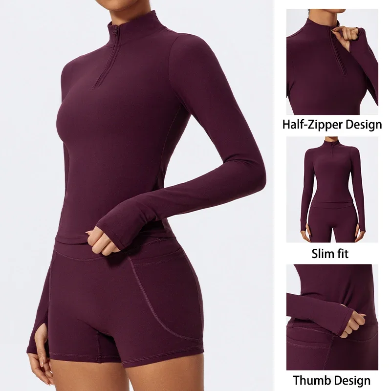 Half Zipper High Collar Sports Shirts Quick-Dry Yoga Clothing Fitness Long Sleeve Tight Clothes Outdoor Sportswear