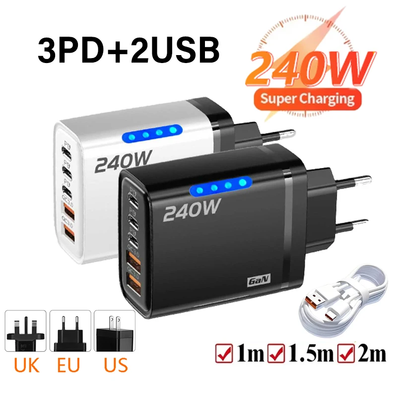 240w Gan Fast Charger With Led Light 5 In 1 2usb+3type-C Multi Port Phone Charger For Iphone15-17Series Samsung Huawei Xiaomi 15
