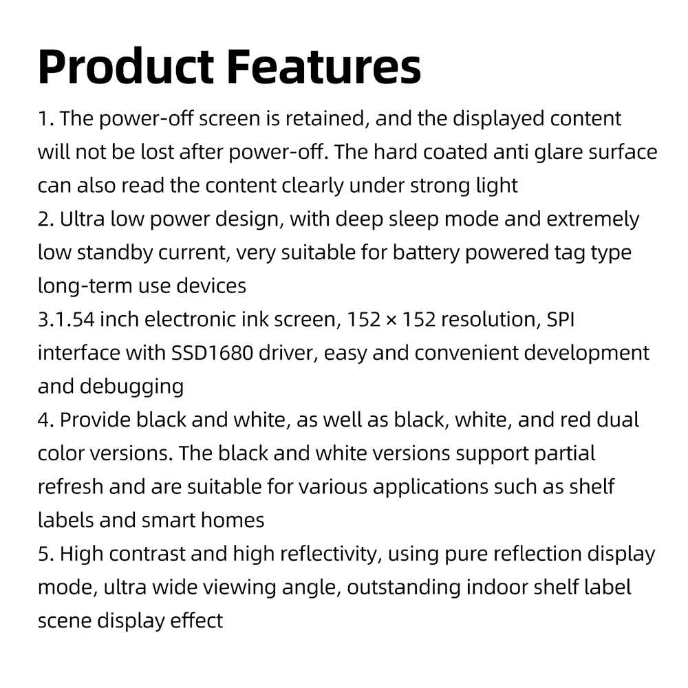 1,54 Zoll E-Paper-Display SPI-Schnittstelle Ultra-Niedriger Stromverbrauch für Smart-Home-Regaletiketten Hoher Kontrast SSD1680 Treiberchip – Detail 4