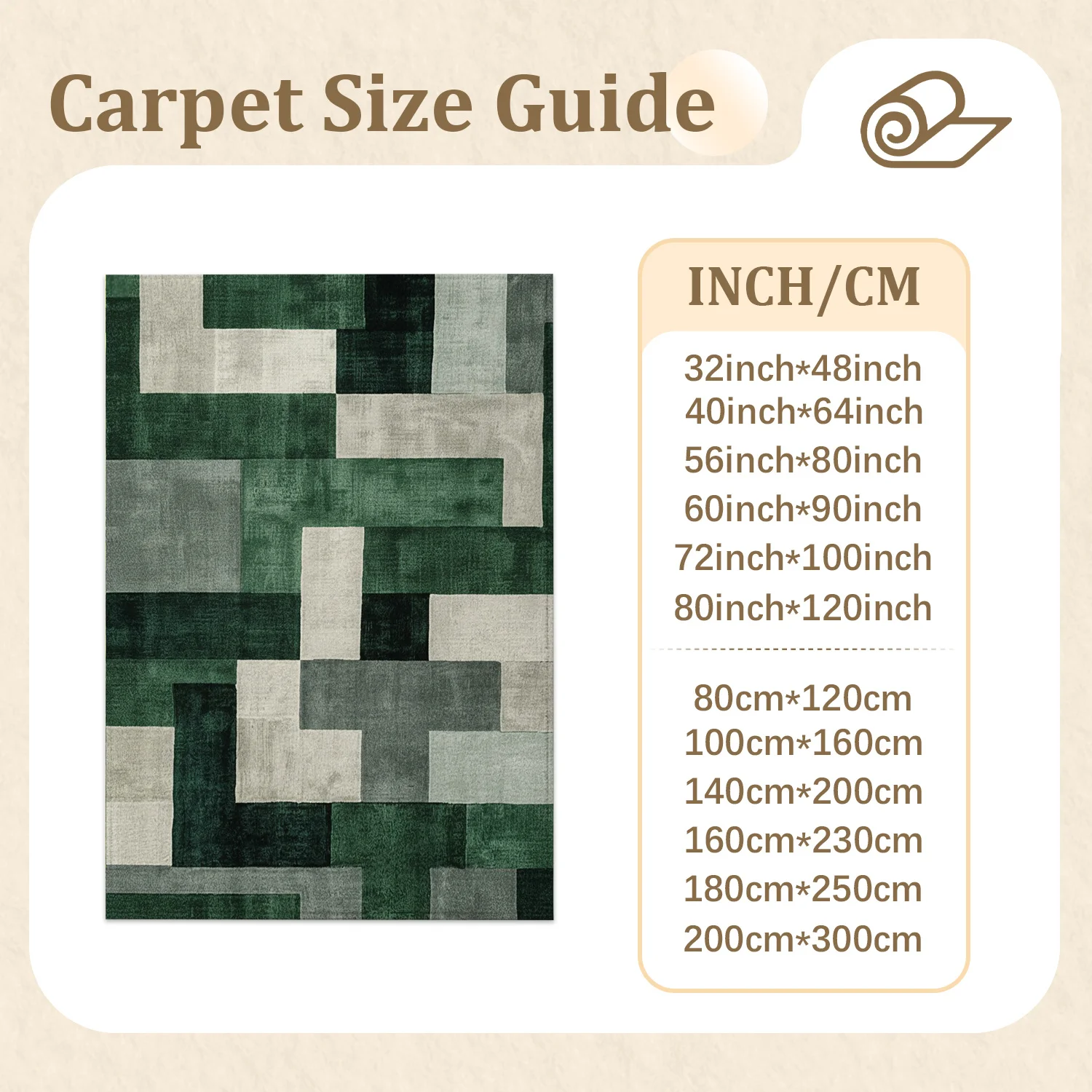 Large Indoor Area Rug, Soft Velvet Low Pile with Non-Slip Dotted Backing, Machine Washable Geometric Block Pattern in Emerald Green, Gray & Beige for Living Room and Bedroom