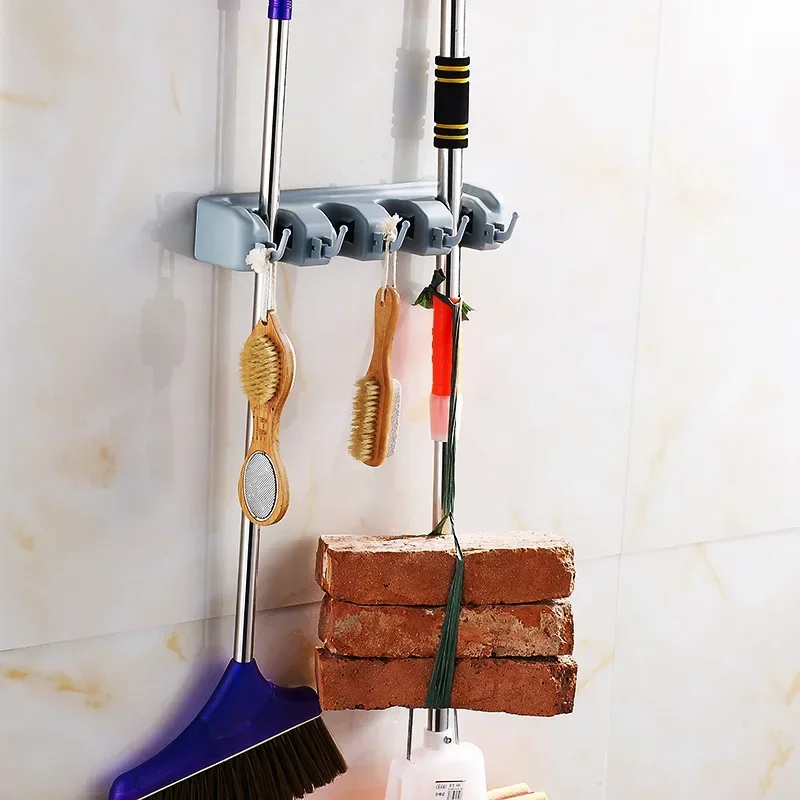 Wall Mounted Mop Holder 3/4/5 Position Multi-Functional Broom Hanger Shelf Home Kitchen Storage Magic Plastic Mop Hanger Stand