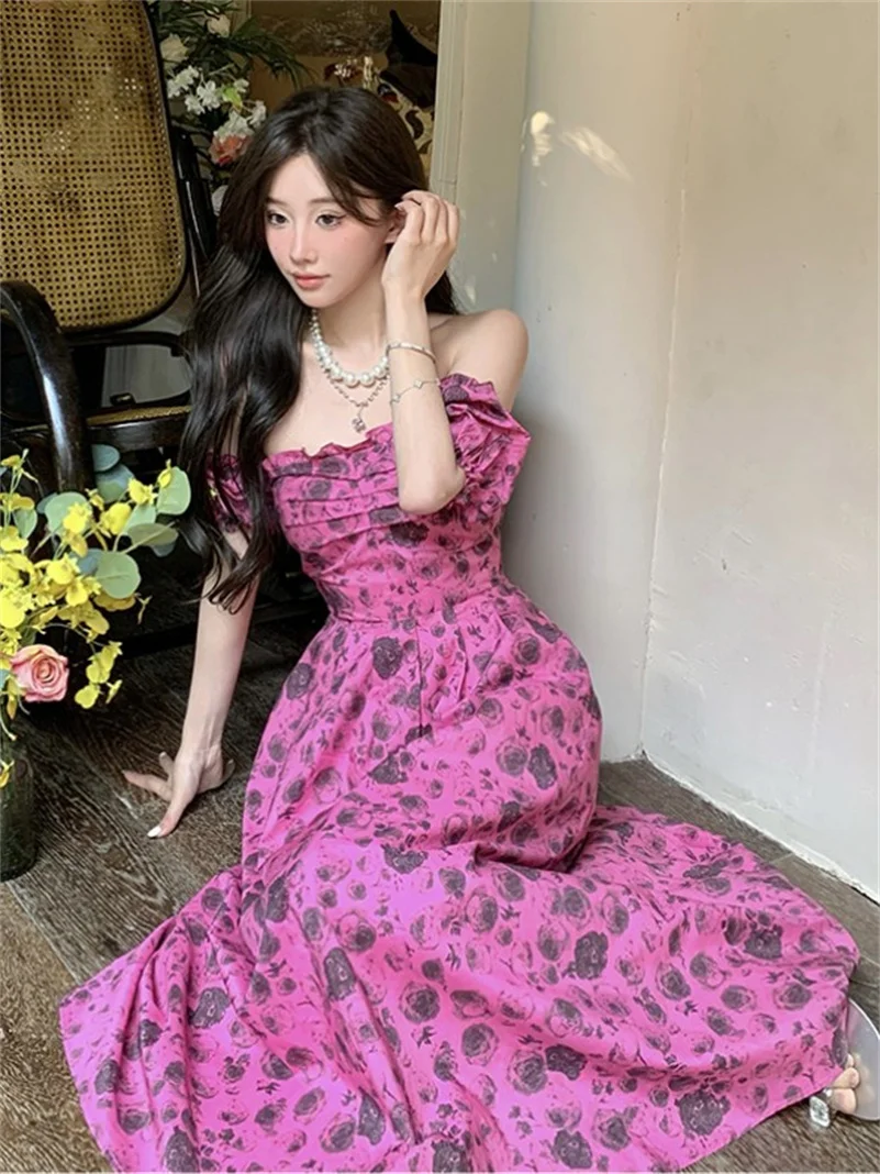 

Summer 2026 Women Cotton Chic Sexy Party Night Club Outfit Long Dress Rose Printed Elegant Luxury Clothes Unique A-Line Vestidos