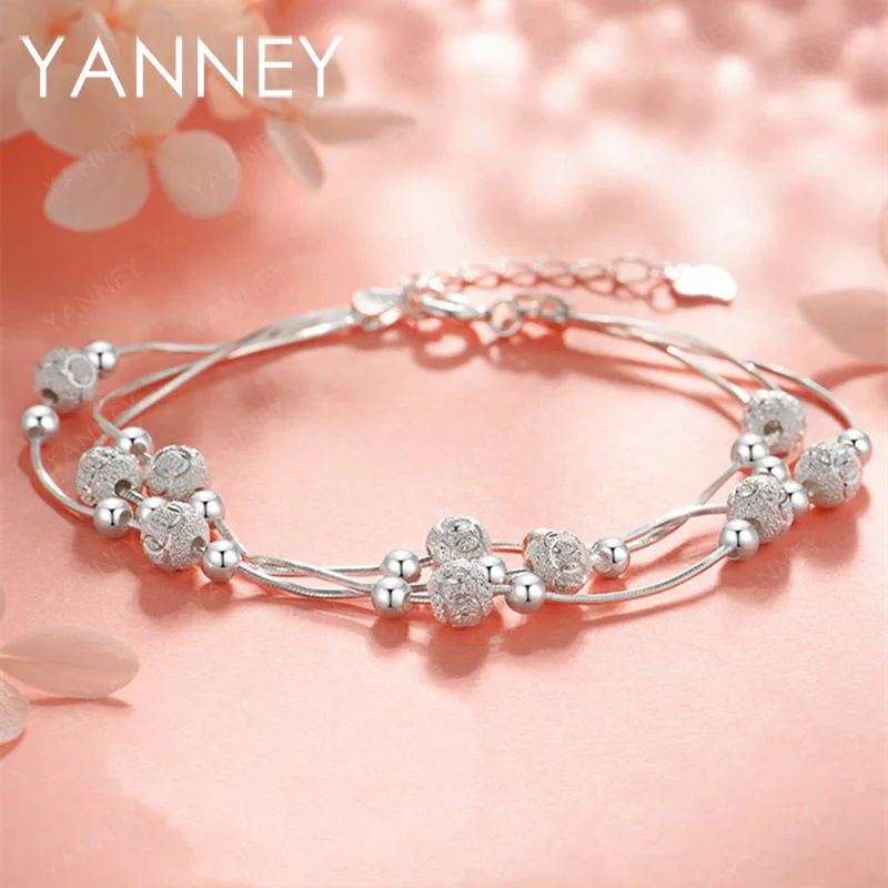 New 925 Sterling Silver 8-Inches Multi-Line Frosted Bead Bracelet - Fashionable, Elegant, Christmas Gift Jewelry for Women