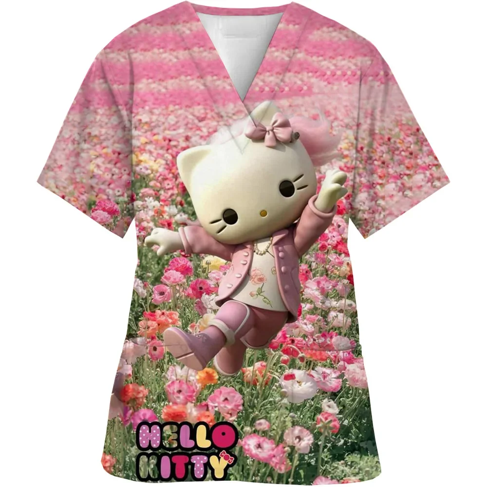 Kawaii Scollo A V Infermiera Uniforme Scrub Top Delle Donne Del Fumetto di Hello Kitty Carino Stampa Manica Corta Tasca Uniformi Infermieristiche Mediche