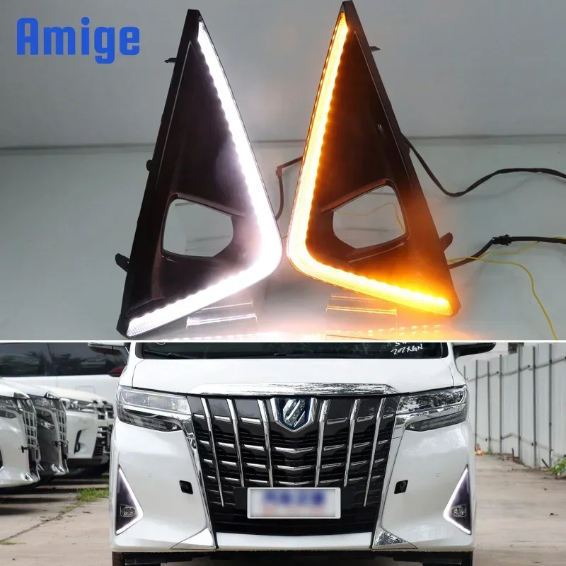 Car LED DRL 12V Daylights For Toyota Alphard 2018 2019 Yellow Turn Signal Daytime Running Headlamps Auto Driving Lamp Foglamps