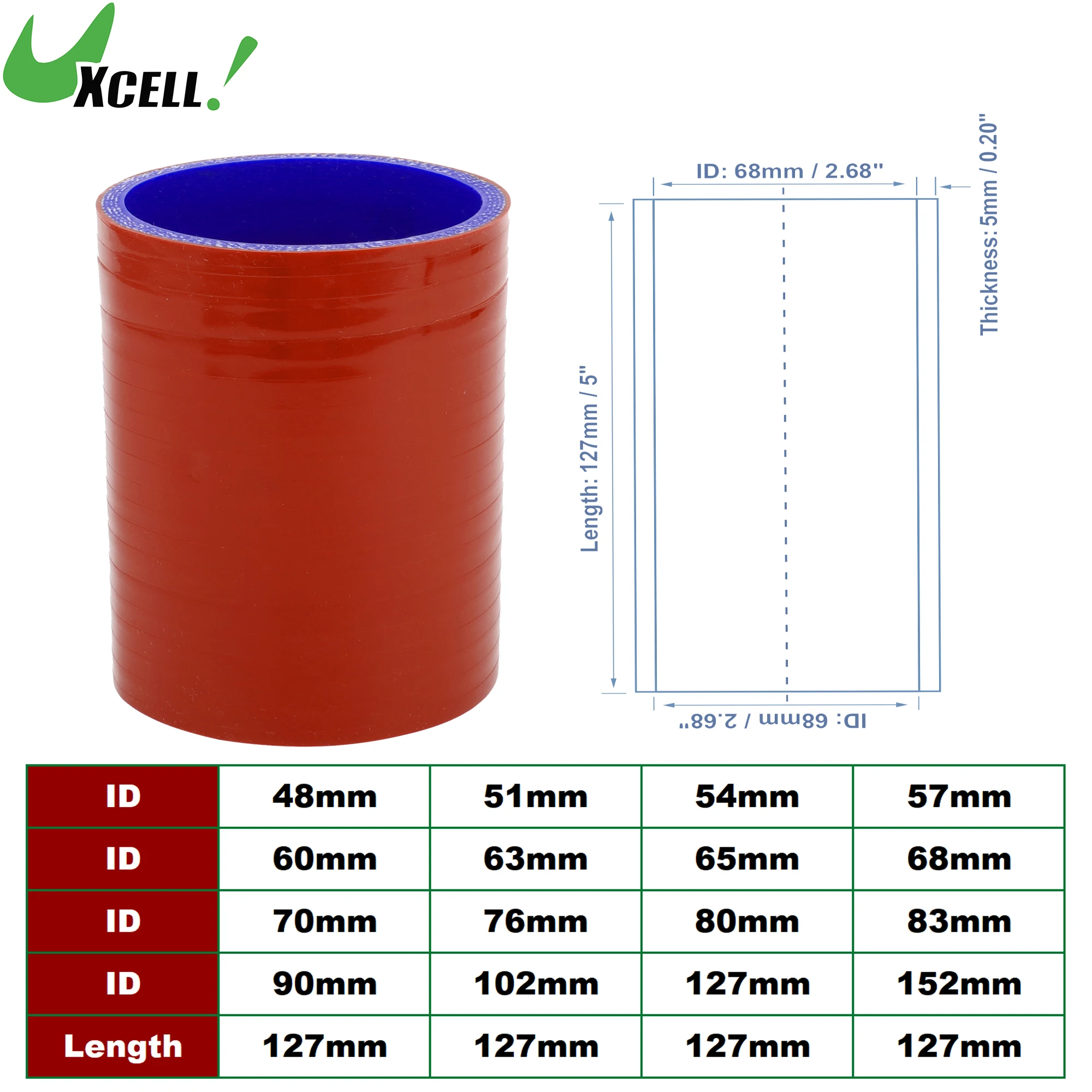 

UXCELL 48/51/54/57/60/63/65/68/70/76/80/83/90/102/127/152mm ID 127mm Length 4-Ply Reinforced Car Silicone Hose Red Blue