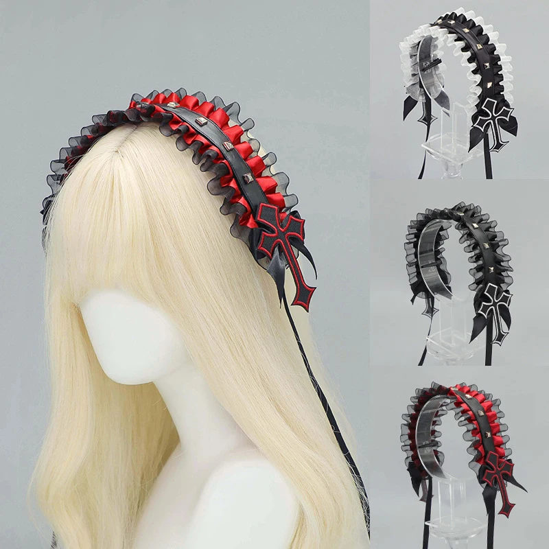 New Gothic Punk Rivet Hairband Y2K Lace Rivet Cross Headwear Women Birthday Gifts Lolita Cosplay Cool Costumes Headpiece
