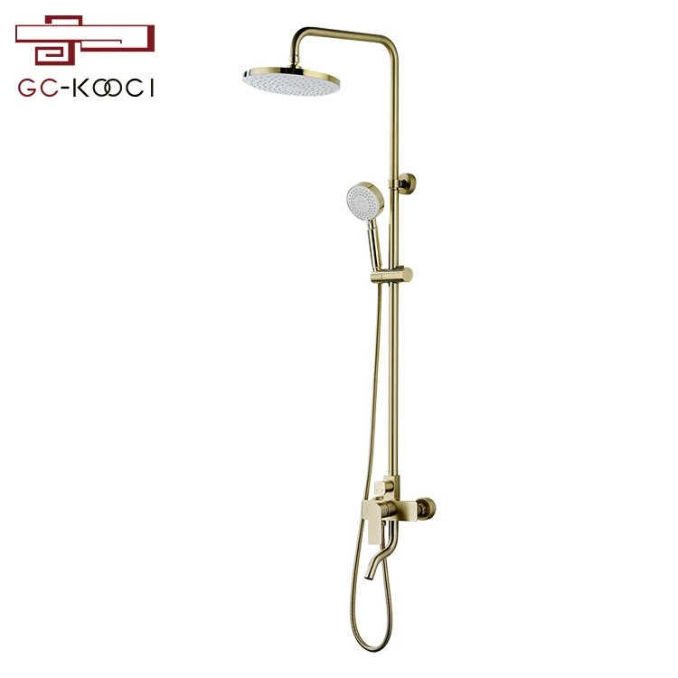 European Style Contemporary Brass Wall Mounted Rain Shower Head Set Single Handle with Brushed Gold Finish Made from Copper