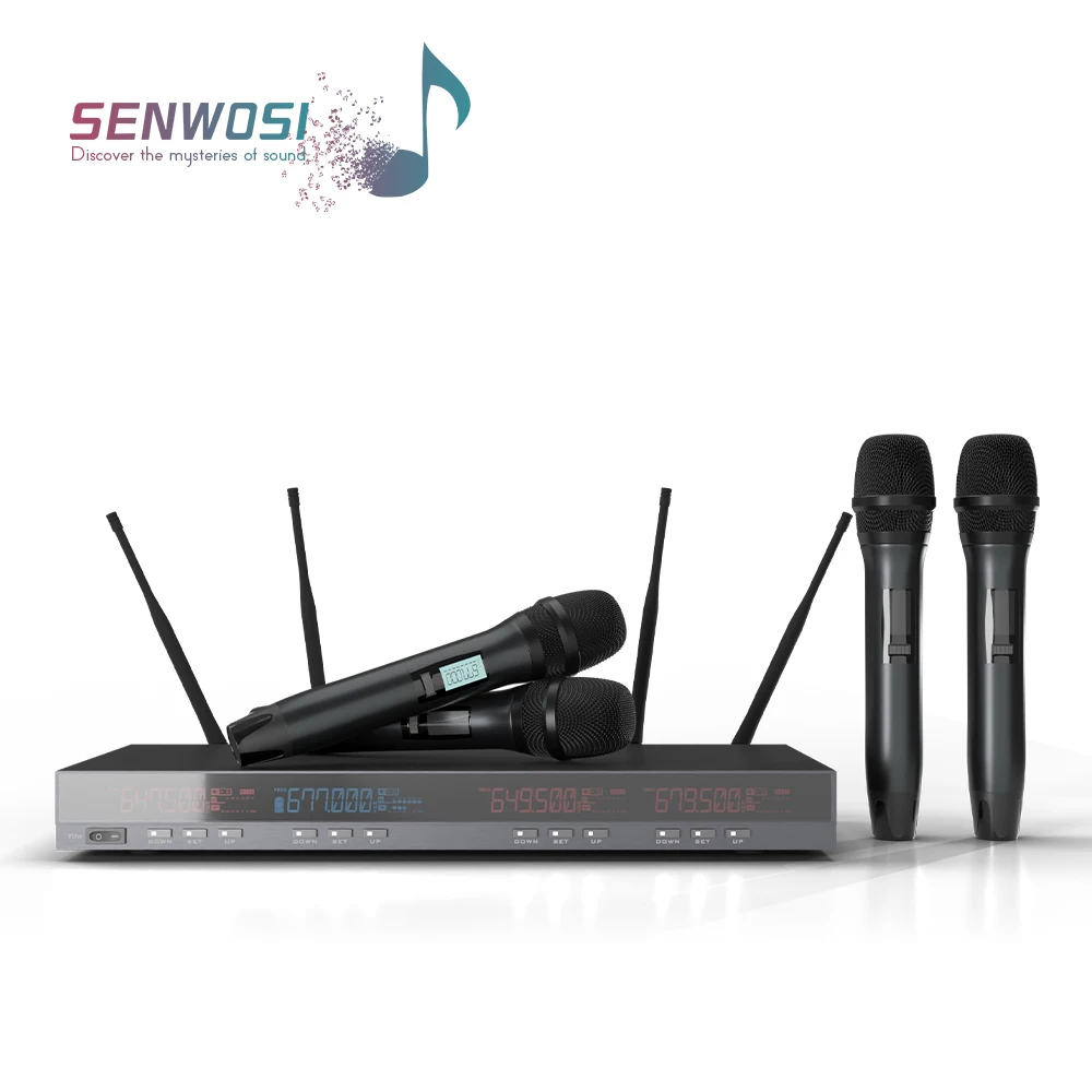 

SENWOSI 4-Channel UHF Wireless Mic, Metal Cordless Mic with 4 Handheld Dynamic Microphones, 120M Range, Singing,Church,DJ